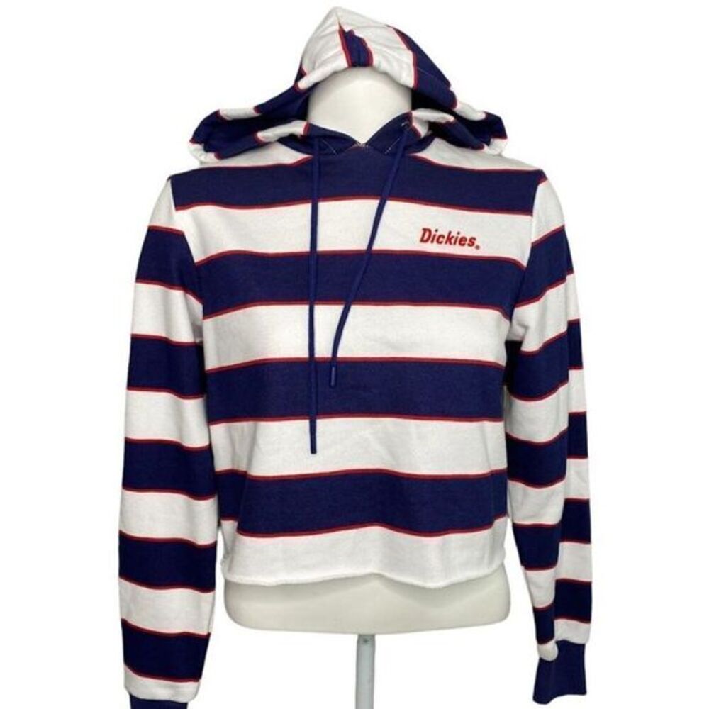 Dickies Juniors Blue White Striped Hooded Cropped Sweatshirt Logo Top sz XS NEW